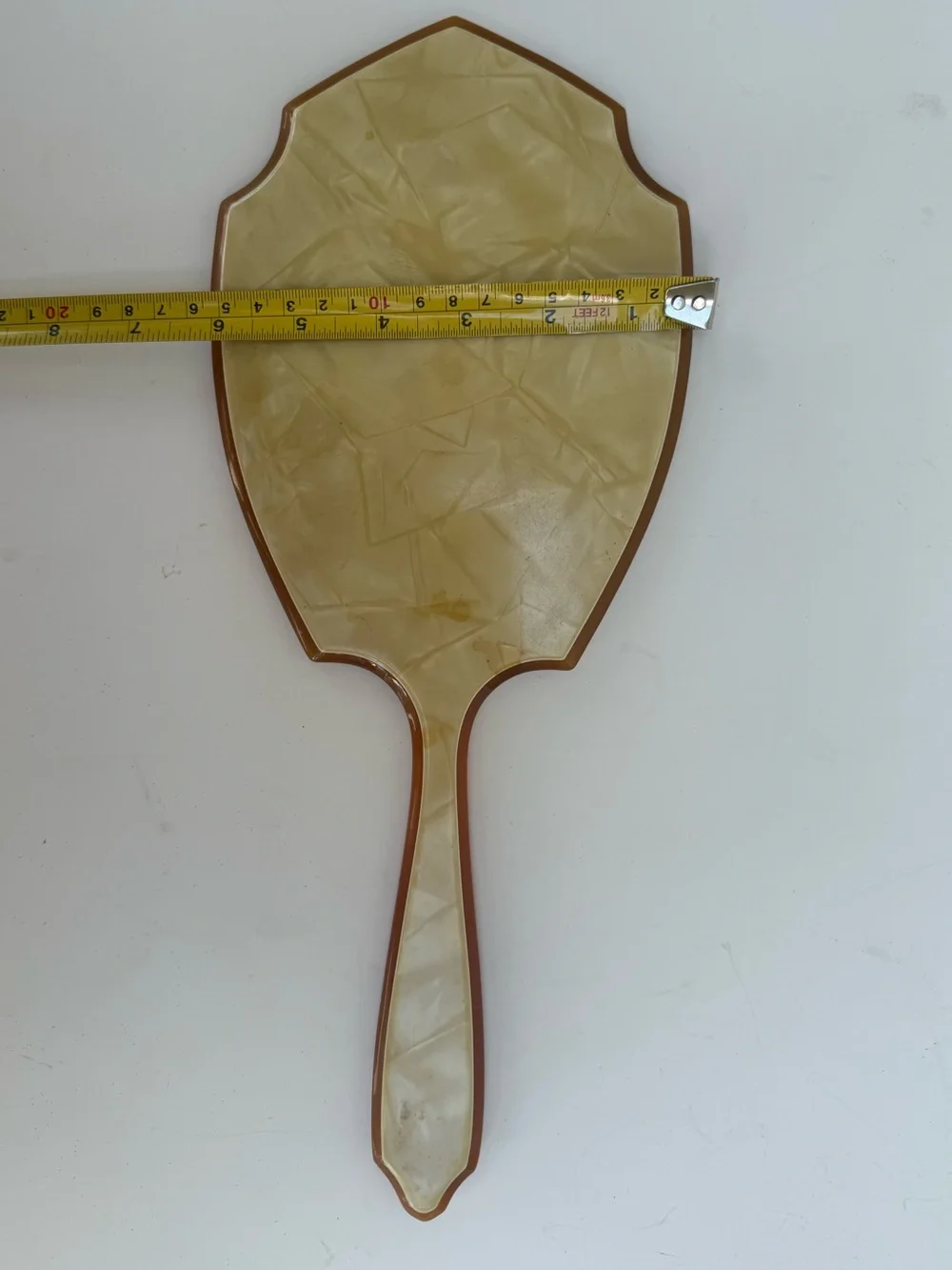 Vtg Art Deco Pearlized Celluloid Bakelite Hand Held Mirror -Beveled Glass READ